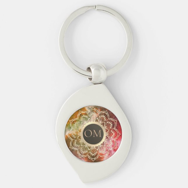 Chic Tie Dye OM Mandala Swirl Silverfärgad Nyckelring (Framsidan)