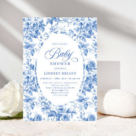 Chic Timeless Royal Blue Toile de Jouy Baby Shower Inbjudningar