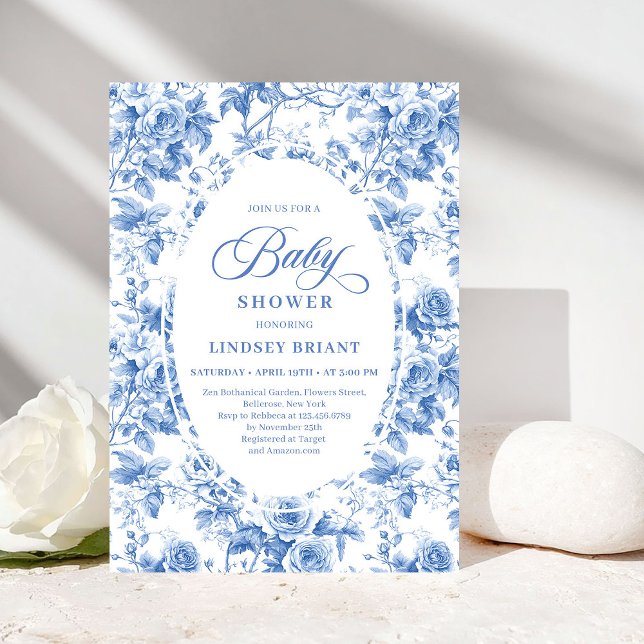 Chic Timeless Royal Blue Toile de Jouy Baby Shower Inbjudningar (Timeless Royal Blue Toile de Jouy Baby Shower Invite)