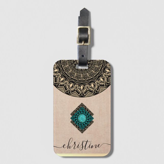 Chic tjej svart guld mandala script namn bagagebricka (Framsida vertikal)