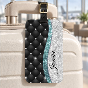 Chic tjejaktig falsk silver glitter svart teal mon bagagebricka