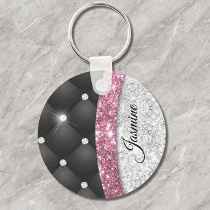 Chic tjejlik falsk silver glitter svart rosa monog nyckelring