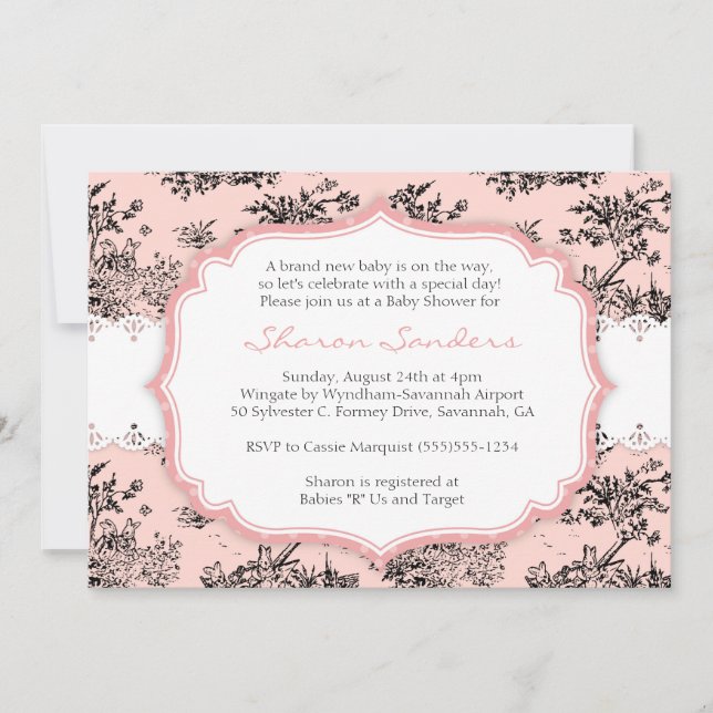 CHIC TOILE Baby Shower-inbjudan - Rosa Inbjudningar (Framsida)