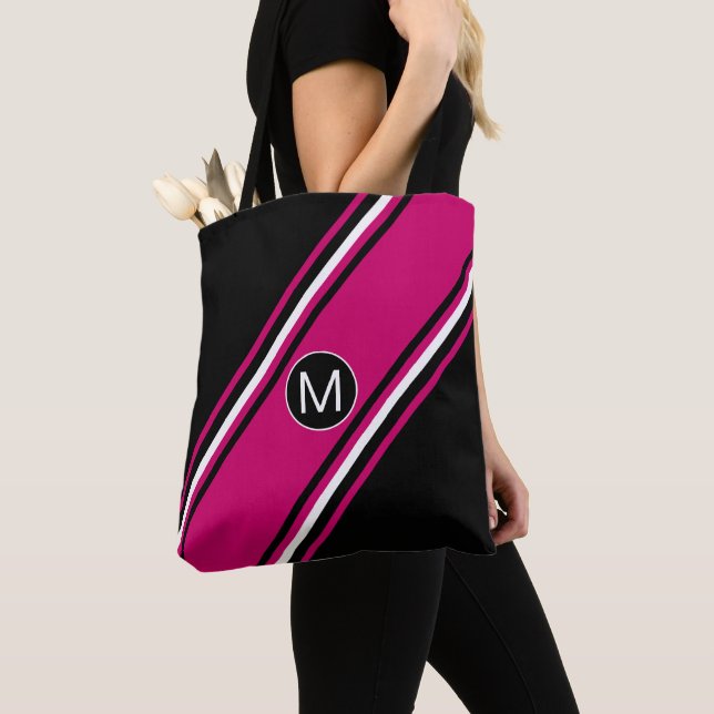 Chic tranbär rosa svart och vitt monogram tygkasse (Närbild)