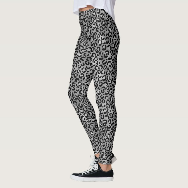 Chic Trendig Black Silver Grått Leopard Skriv ut Leggings (Vänster)