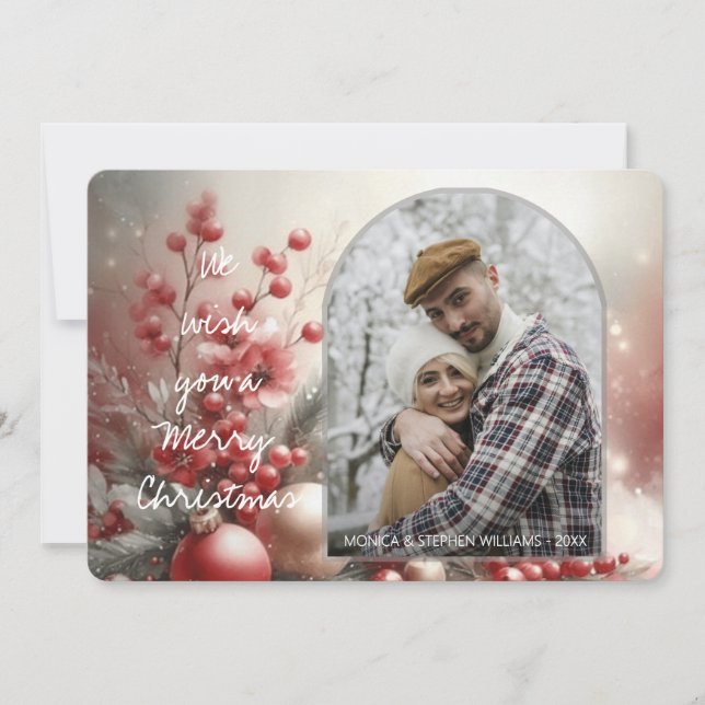 Chic Trendig Red Blommigt Berries Helgdag Ornament Julkort (Framsida)