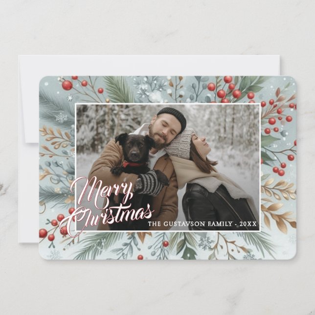 Chic Trendig Red Blommigt Berries Helgdag Utandnin Julkort (Framsida)