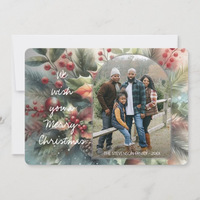 Chic Trendig Red Blommigt Berries Helgdag Utandnin Julkort (Framsida)