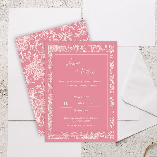 Chic Trendig Rosa Blommigt  Ram bröllopsinbjudan (Chic Trendy Pink Floral Frame Wedding Invitation)