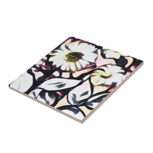 Chic Trendig White + Rosa Artsy Flowers Kakelplatta