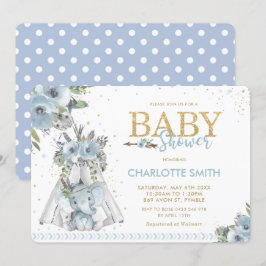 Chic Tribal Blue Blommigt Elephant Boy Shower Inbjudningar