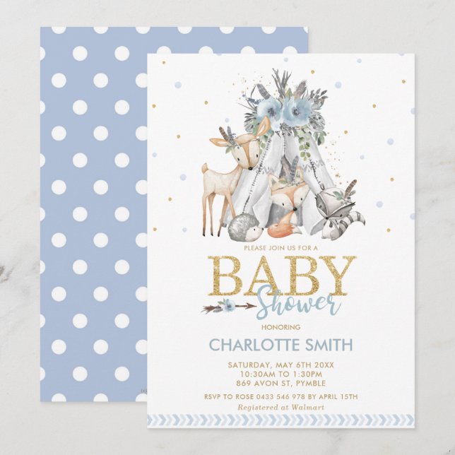Chic Tribal Woodland Animals Blue Boy Baby Shower Inbjudningar (Fram/baksida)