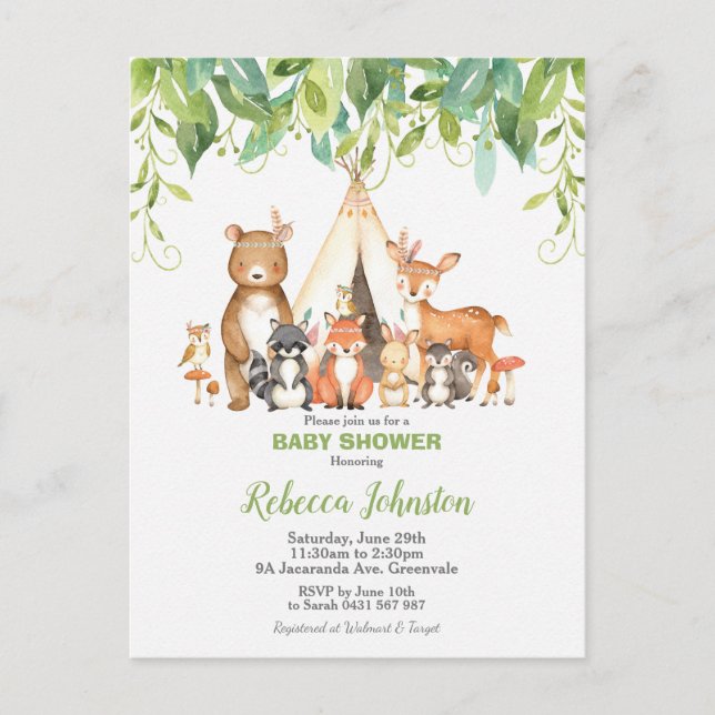 Chic Tribal Woodland Animals Greenery Baby Shower Vykort (Framsida)