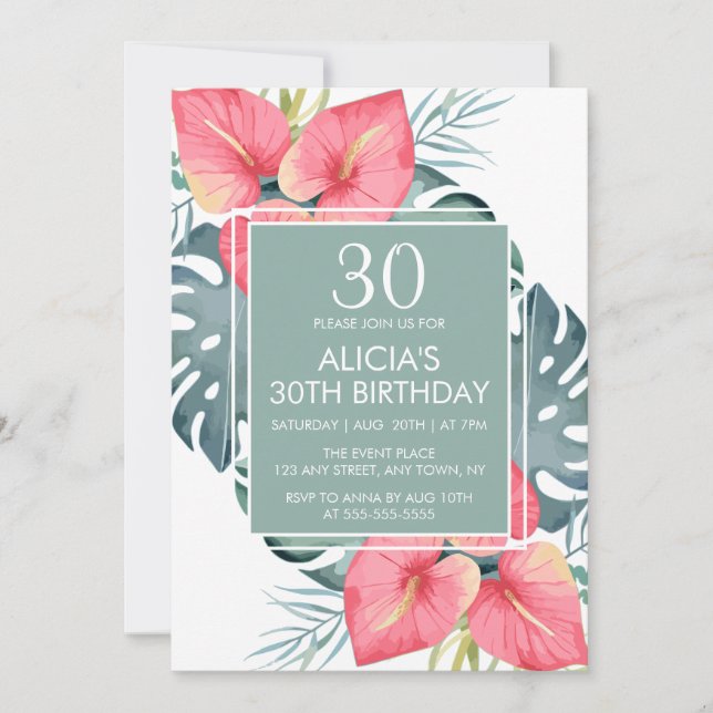 Chic Tropical Anthurium & Monstera Birthday Inbjudningar (Framsida)