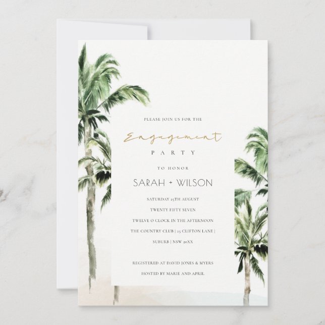 Chic Tropical Beach Handflatan Träd Förlovning Inb Tack Kort (Framsida)