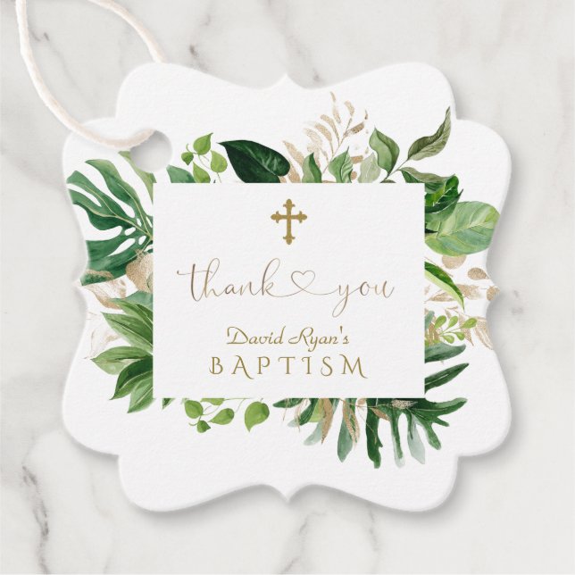 Chic Tropical Foliage Tack Script Boy Baptism Gåvor Etiketter (Framsida)