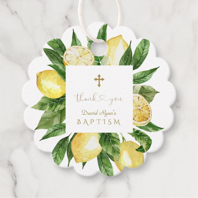 Chic Tropical Foliage Tack Script Boy Baptism Gåvor Etiketter (Framsida)