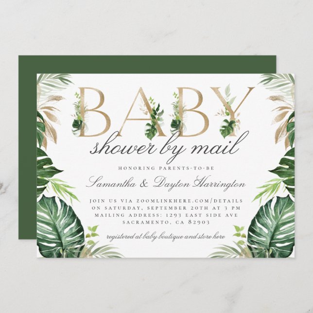 Chic Tropical Grey Guld Baby Shower efter post Inbjudningar (Fram/baksida)