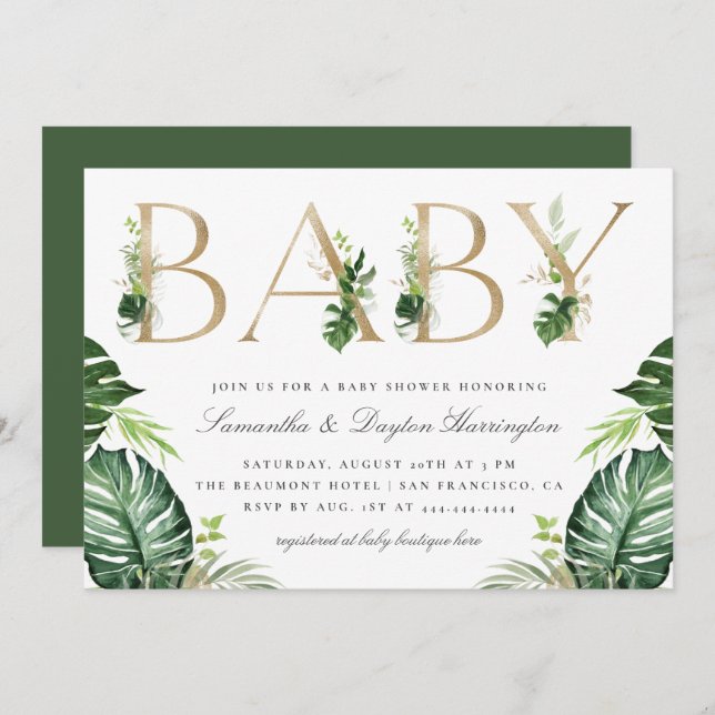Chic Tropical Grey Guld Typography Baby Shower Inbjudningar (Fram/baksida)