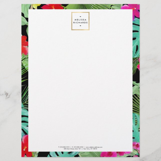 Chic Tropical Print Watercolor Designer Black Brevhuvud (Framsida)