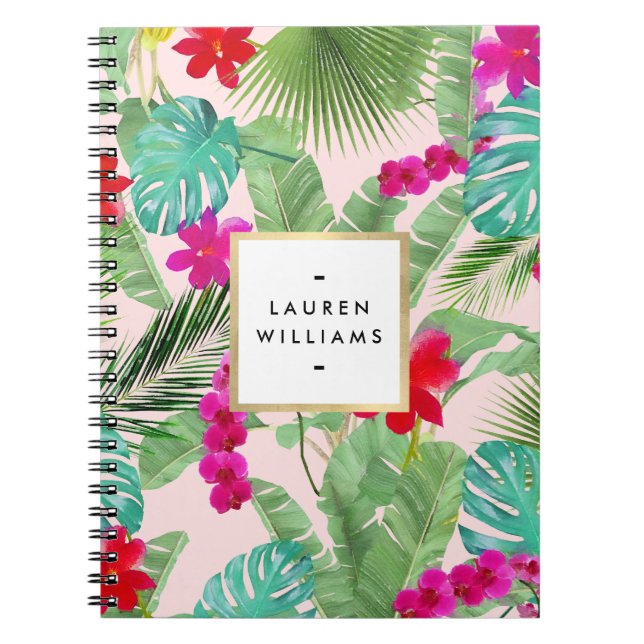 Chic Tropical Print Watercolor Rosa Anteckningsbok (Framsidan)
