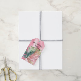 Chic Tropical Rosa Grönt Löv Presentetikett