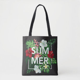 Chic Tropisk Vit och Röd Hibiskus Sommar Tygkasse