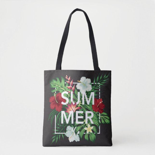 Chic Tropisk Vit och Röd Hibiskus Sommar Tygkasse (Framsida)