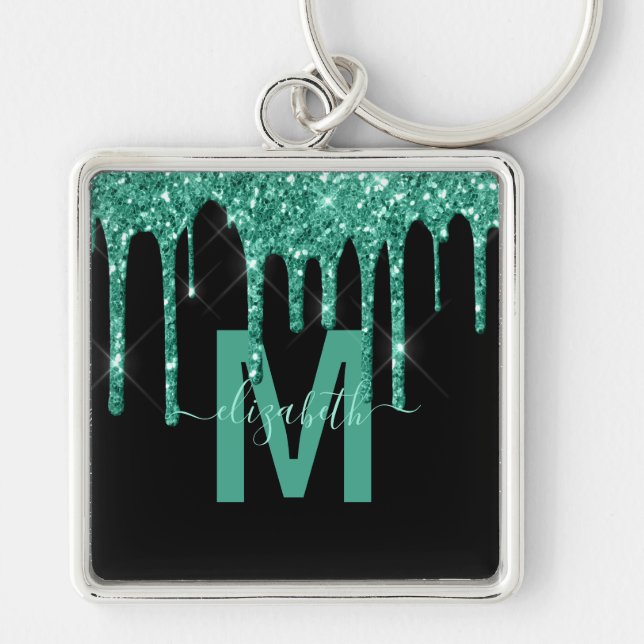 Chic Turcoise Dripping Glitter Monogram Namn Fyrkantig Silverfärgad Nyckelring (Framsidan)