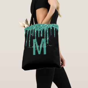 Chic Turcoise Dripping Glitter Monogram Namn Tygkasse