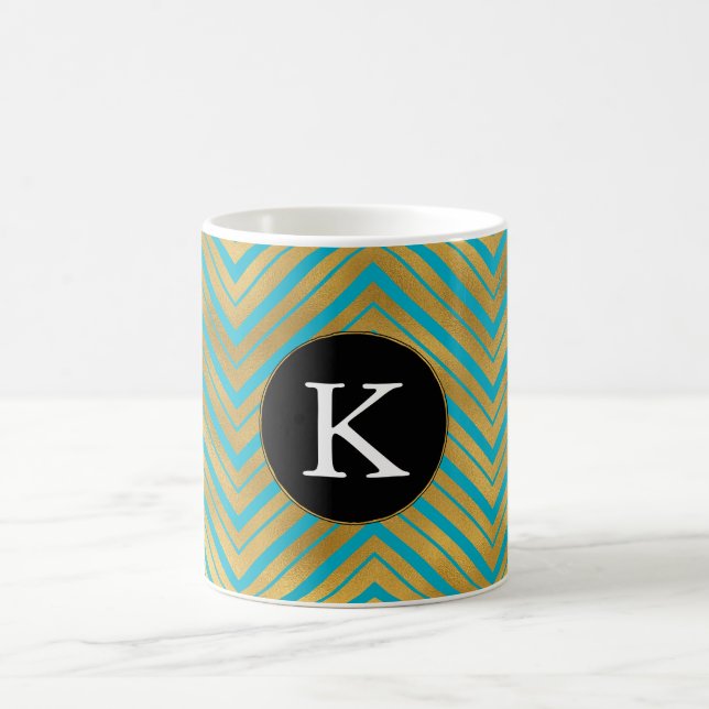 Chic Turcos Aqua Blue Guld Chevron Monogram Kaffemugg (Center)