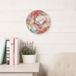 Chic Turkos Coral Red Seashells Mönster Stor Klocka