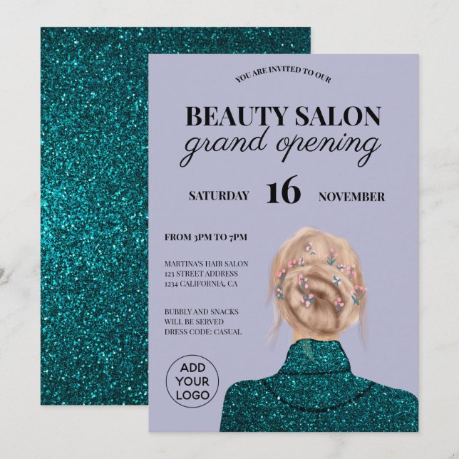 Chic turkos glitter skönhetssalon storöppning inbjudningar (Fram/baksida)