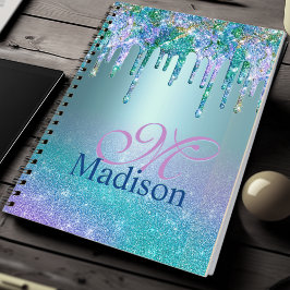 Chic turkos lila ombre glitter dricks monogram anteckningsbok