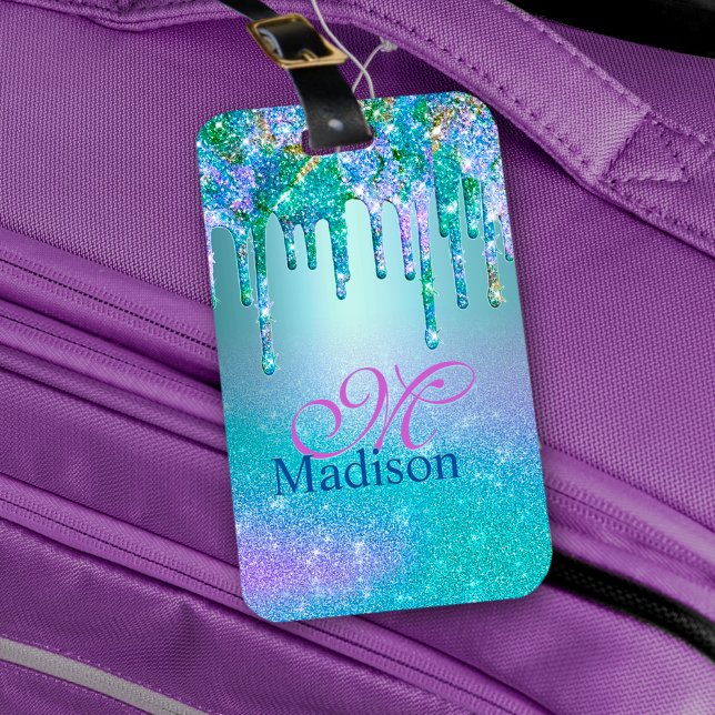 Chic turkos lila ombre glitter dricks monogram bagagebricka (Skapare uppladdad)