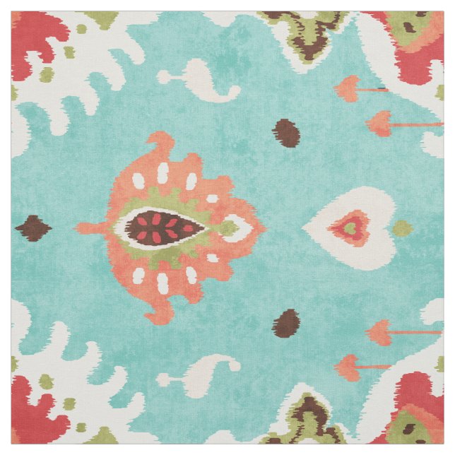 Chic turkosa röd orange ikat stam mönster tyg (Provkarta)