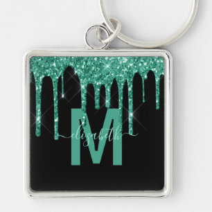 Chic Turquise Dripping Glitter Monogram Namn Fyrkantig Silverfärgad Nyckelring
