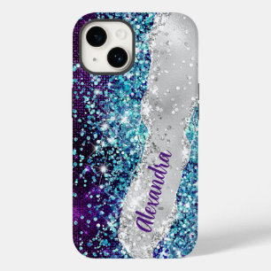 Chic Turquise Lila Silver Faux Glitter Monogram