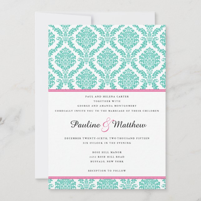 Chic Turquise Rosa Damask Wedding Inbjudningar (Framsida)
