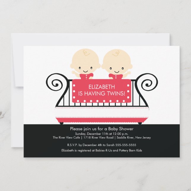 Chic Twillingar i Crib Baby Shower-inbjudan RED Inbjudningar (Framsida)