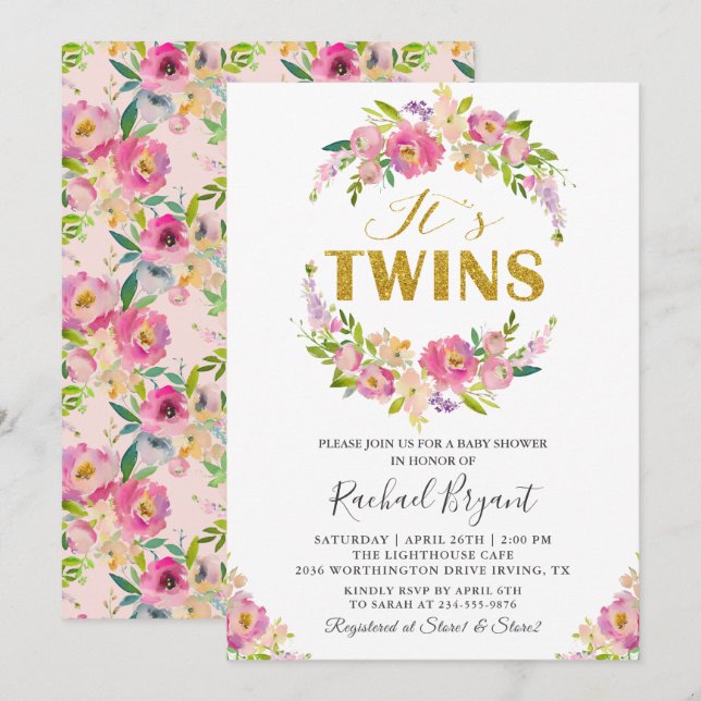 Chic Twillingar Rosa Blommigt  Baby Shower-inbjuda Inbjudningar (Fram/baksida)