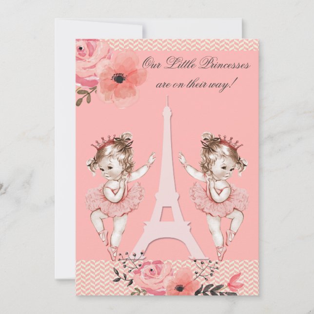 Chic Twin Ballerinas Blommigt Parisbabyskor Inbjudningar (Framsida)