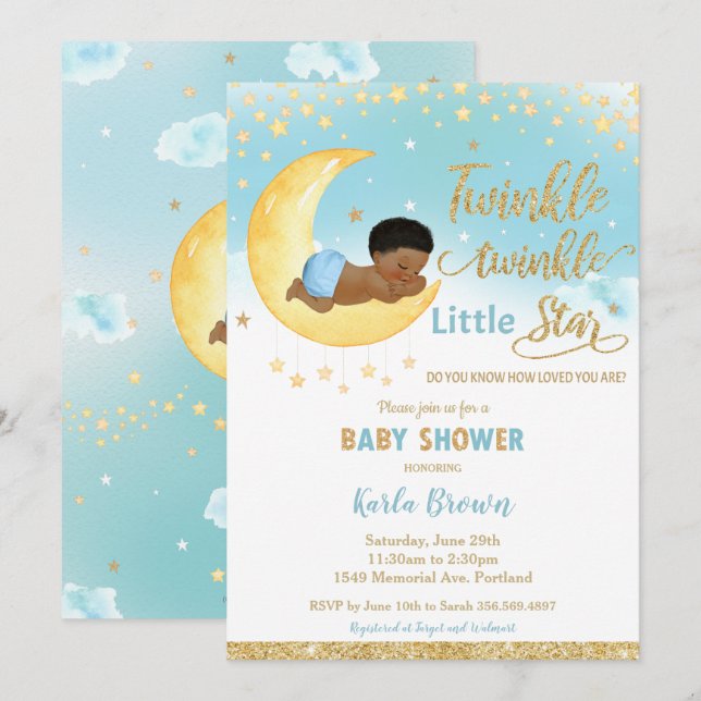 Chic Twinkle Little Star African Baby Shower Boy Inbjudningar (Fram/baksida)