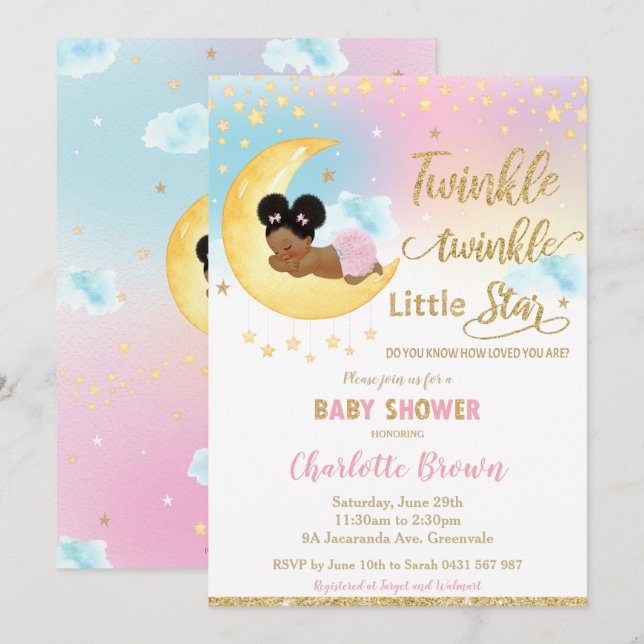 Chic Twinkle Little Star African Baby Shower Inbjudningar (Fram/baksida)