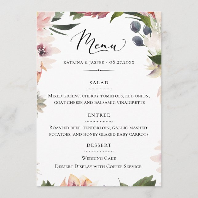 Chic Typografi  Plum Blommigt Bröllop Meny (Framsida)