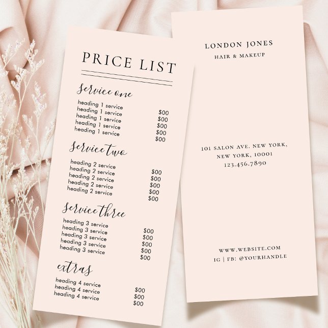 Chic typografitjänster Blush Prislista Reklamkort (Skapare uppladdad)