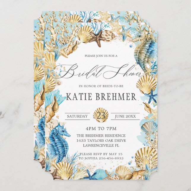 Chic under Möhippan Sea Sjöjungfru Blue Guld Inbjudningar (Fram/baksida)