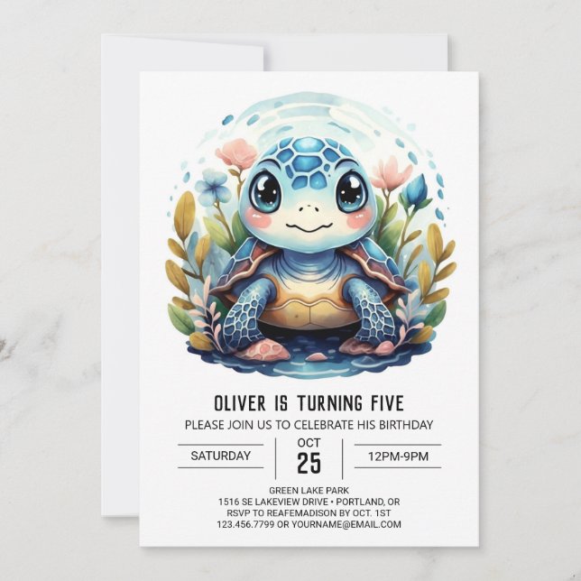 Chic under Sea Blue Turtle Boy Birthday Inbjudningar (Framsida)