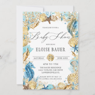 Chic under Sea Sjöjungfru Baby Shower Blue Guld Inbjudningar