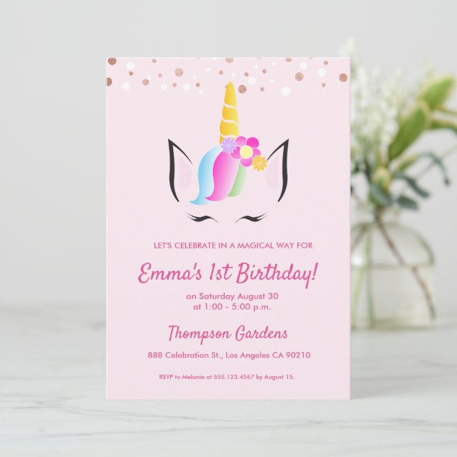 Chic Unicorn Confetti 1:a födelsedag party Inbjudningar (Stående Fram)